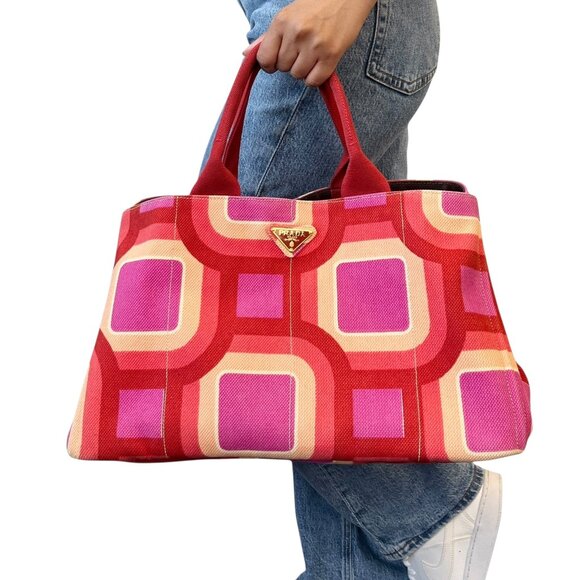 PRADA Vintage Logo Tote Bag Canapa Stampata Canvas Multicolor Red Pink  [105524] - Picture 3 of 15